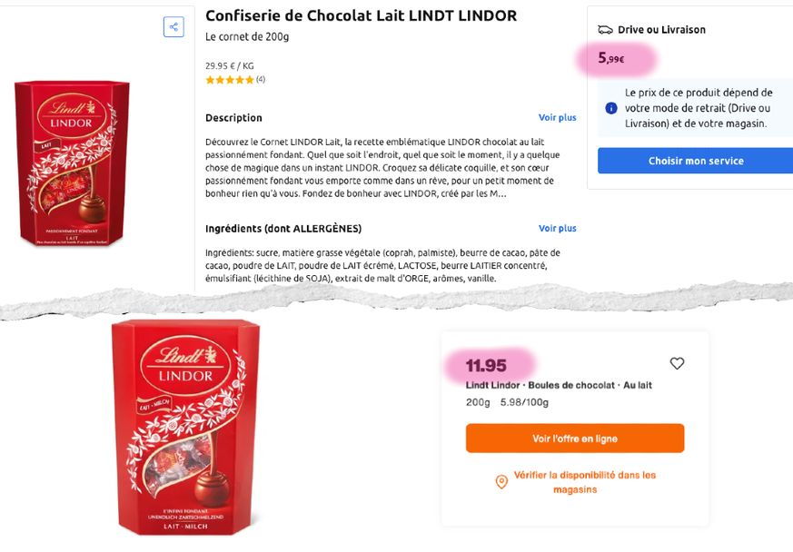 Lindor balls, sold 11.95 francs at Migros, cost half at Carrefour, in France.