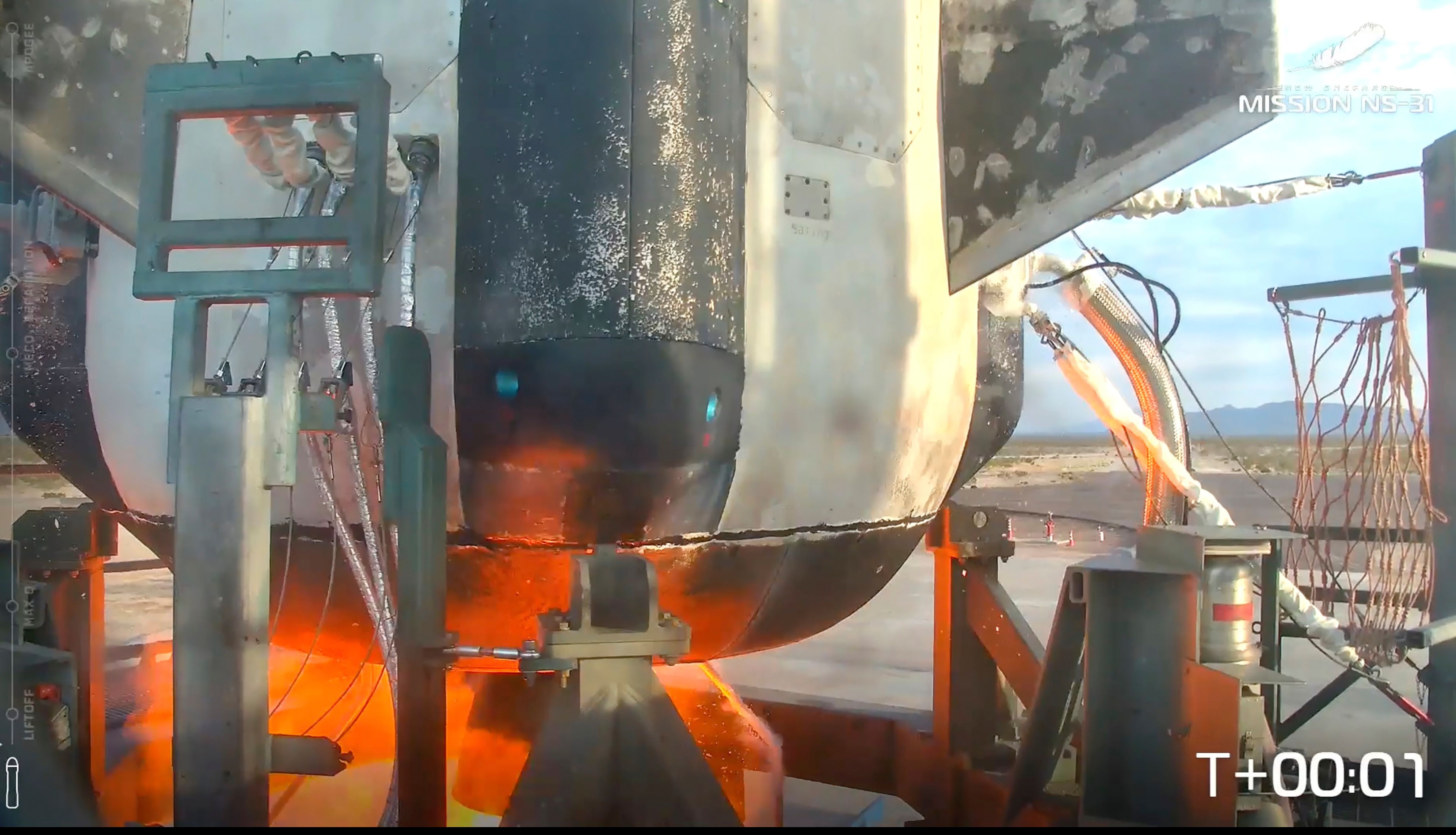 This image taken from video provided by Blue Origin shows the New Shepard rocket about to blast off in West Texas, Monday, April 14, 2025. (Blue Origin via AP)