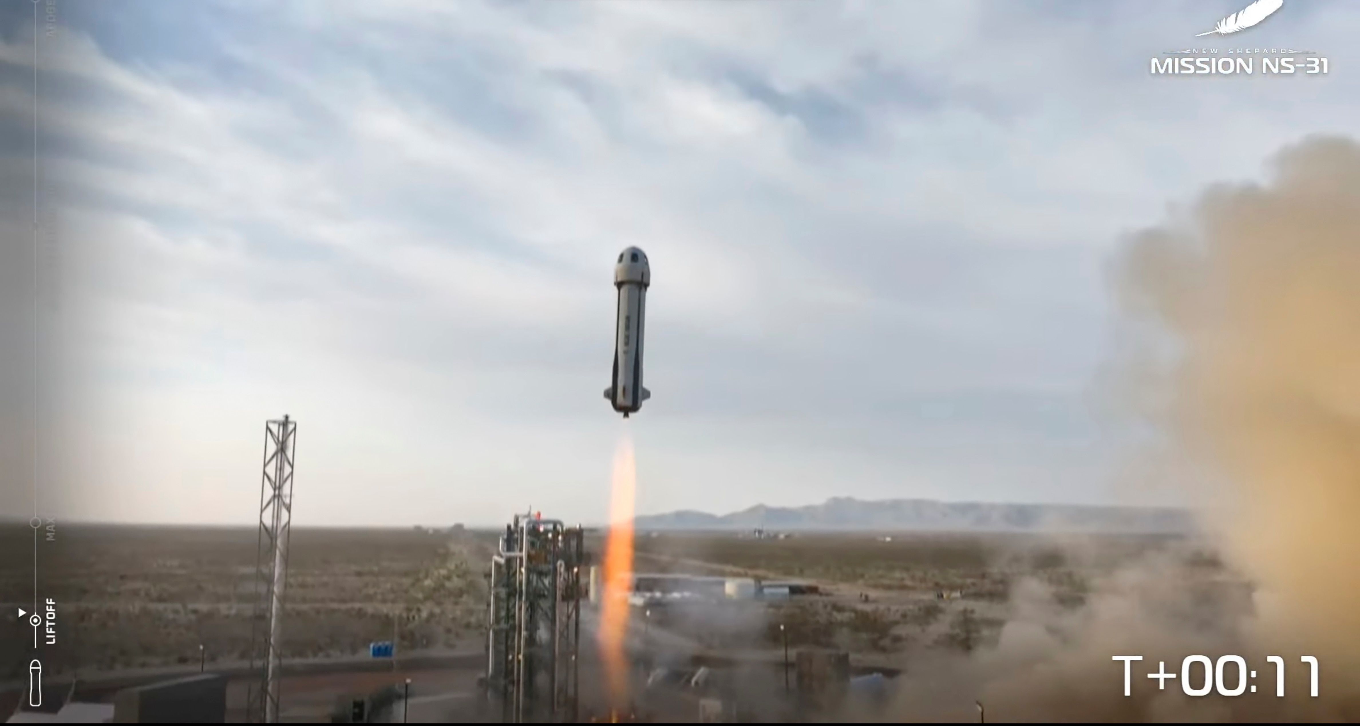 This image taken from video provided by Blue Origin shows the New Shepard rocket blasting off in West Texas, Monday, April 14, 2025. (Blue Origin via AP)
