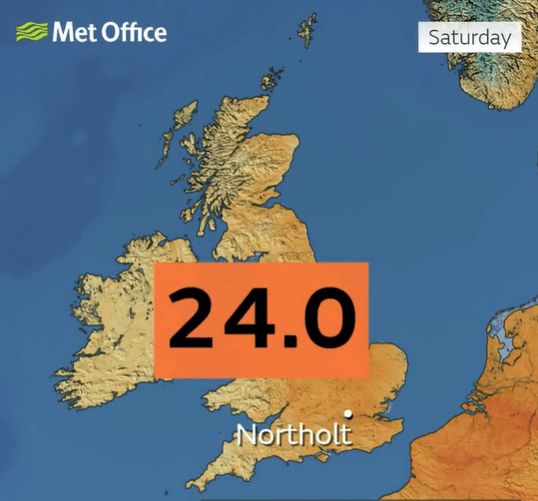 Map of the British Isles showing a temperature of 24.0 in Northolt.