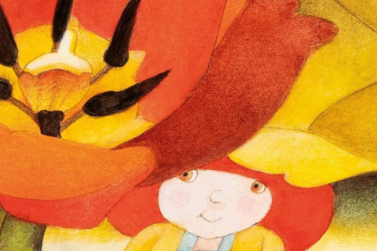 Colorful illustration of a child smiling in red and yellow under a large flower petal, with visible black stamens. Colorful illustration of a child smiling in red and yellow under a large flower petal, with visible black stamens.