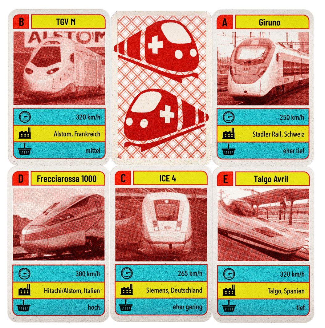 High -speed train cards with speed specifications, manufacturer and countries: TGV M, Giruno, Frecciarossa 1000, Ice 4, and Talgo April. High -speed train cards with speed specifications, manufacturer and countries: TGV M, Giruno, Frecciarossa 1000, Ice 4, and Talgo April.