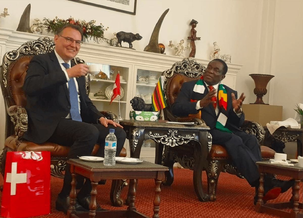 Two men sitting on ornate chairs, sharing a conversation while savoring drinks in a living room atmosphere decorated with flags in Switzerland and Zimbabwe. Two men sitting on ornate chairs, sharing a conversation while savoring drinks in a living room atmosphere decorated with flags in Switzerland and Zimbabwe.