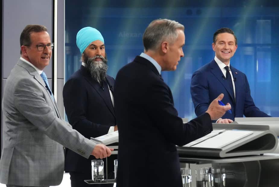 For the French debate in the 2025 federal electoral campaign, the federal chiefs Mark Carney (PLC), Pierre Poilievre (CCC), Jagmeet Singh (NPD) and Yves-François Blanchet (BQ) crossed the iron on Wednesday, April 16, 2025, at the Maison de Radio-Canada, in Montreal. The Canadian Press/Sean Kilpatrick