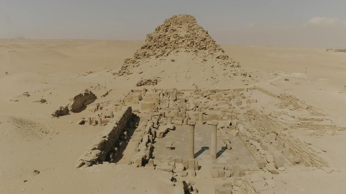 Windfall Films Aerial view of the pyramid and the mortuary temple of Sahure.