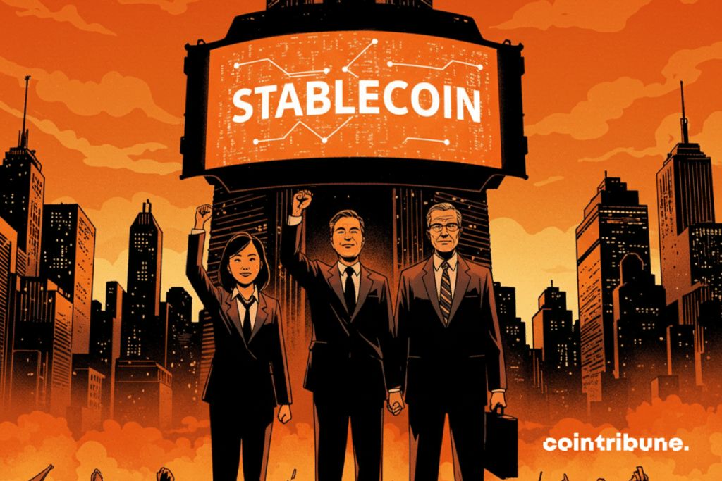 An illustration symbolizing the ascent of stablecoins, embodied by 3 resolved people.