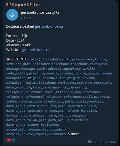 The Kronos company was robbed of personal data of 150,000 Quebecers in May 2024. Info includes social insurance numbers and birth dates.
