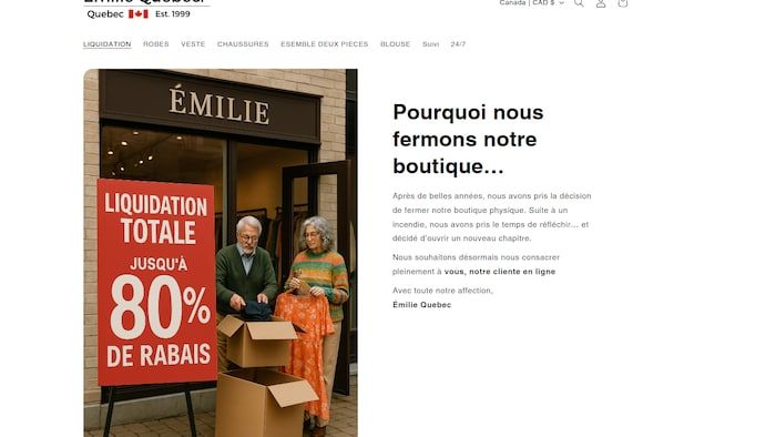 Screenshot of the Émilie Québec website, which shows a store storefront and an elderly couple, generated by artificial intelligence.