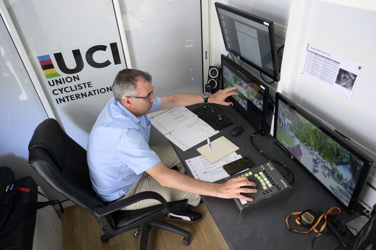 Commissioner UCI, Nicolas Le Tallec, checks the TV images on the Var UCI bus during the second stage of the Tour de Romandie at the Grande Beroche. Commissioner UCI, Nicolas Le Tallec, checks the TV images on the Var UCI bus during the second stage of the Tour de Romandie at the Grande Beroche.