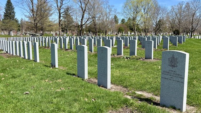 Several tombstones are aligned in a cemetery.
