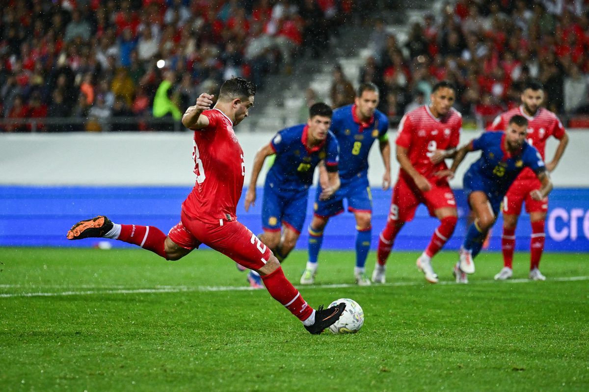 Xherdan Shaqiri draws a penalty and marks in the UEFA EURO 2024 qualification match between Switzerland and Andorra at the Tourbillon stadium in Sion, on September 12, 2023. Xherdan Shaqiri draws a penalty and marks in the UEFA EURO 2024 qualification match between Switzerland and Andorra at the Tourbillon stadium in Sion, on September 12, 2023.