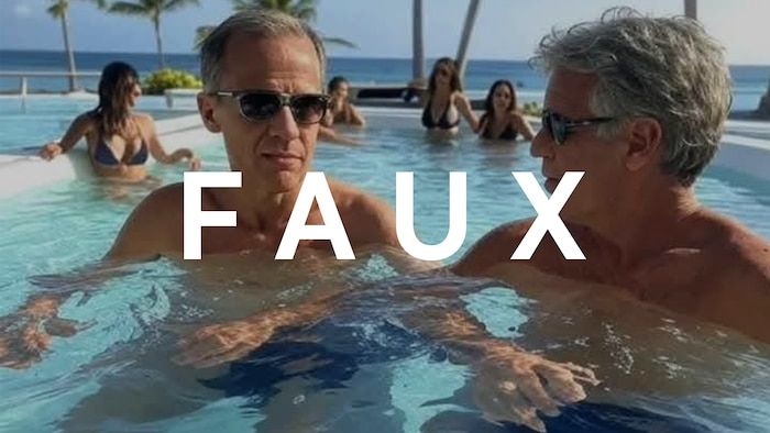 An image generated by artificial intelligence by Mark Carney and Jeffrey Epstein in a swimming pool.