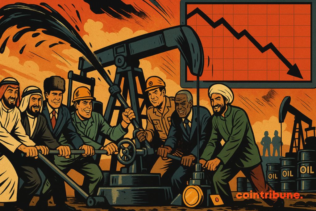 Eight figures symbolically representing 8 OPEC+countries. Some pull a lever, others turn a valve or push a button, to bring out oil.