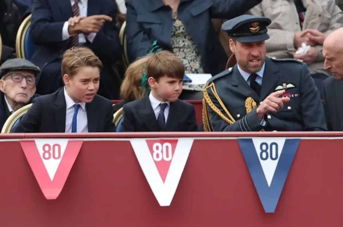 The Princes George, Louis and William during the parade in tribute to the veterans of the Second World War in London on May 5, 2025.