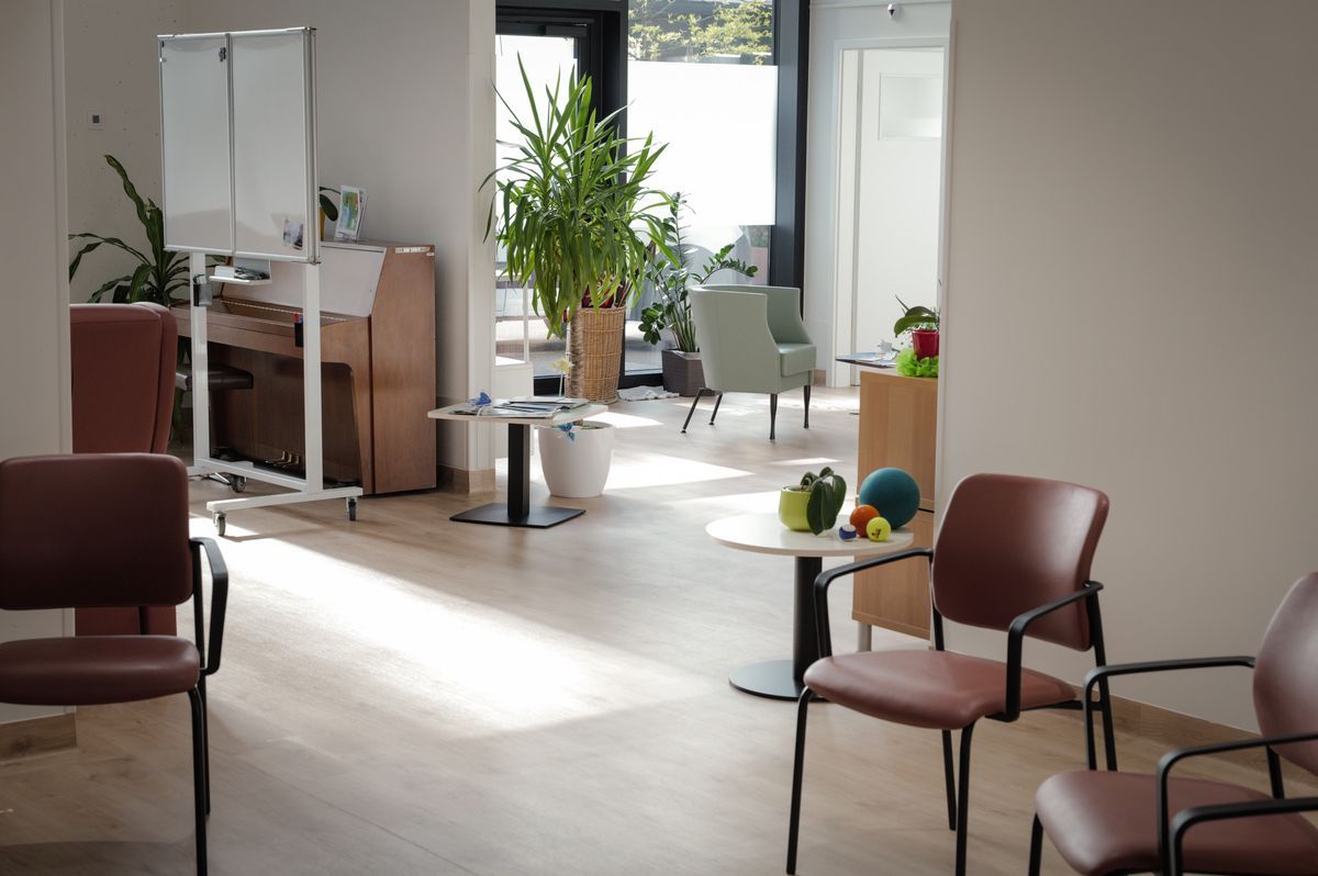 Interior of the Soubeyran day household in Geneva, showing a bright space with chairs, tables and green plants, offering a warm and reassuring setting. Interior of the Soubeyran day household in Geneva, showing a bright space with chairs, tables and green plants, offering a warm and reassuring setting.