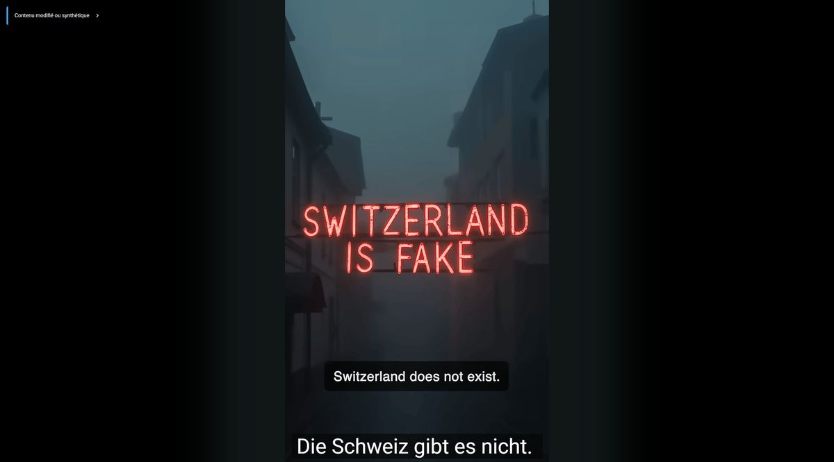 Street misty with red neon text 'Switzerland is fake'. The subtitles indicate 'Switzerland do not exist' and 'die Schweiz gibt es nicht'. Street misty with red neon text 'Switzerland is fake'. The subtitles indicate 'Switzerland do not exist' and 'die Schweiz gibt es nicht'.