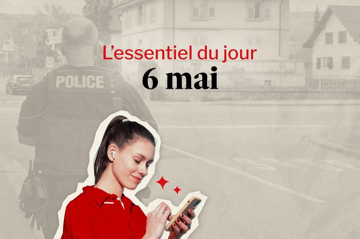 Assembly with a smiling woman looking at her phone, a police officer in the background, and the text 'the essentials of day May 6'. Assembly with a smiling woman looking at her phone, a police officer in the background, and the text 'the essentials of day May 6'.