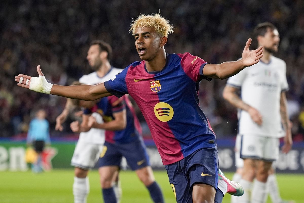 Lamine Yamal de Barcelona celebrates her goal in the first leg of the Champions League semi-final against Inter Milan in Barcelona, Spain, April 30, 2025. Lamine Yamal de Barcelona celebrates her goal in the first leg of the Champions League semi-final against Inter Milan in Barcelona, Spain, April 30, 2025.