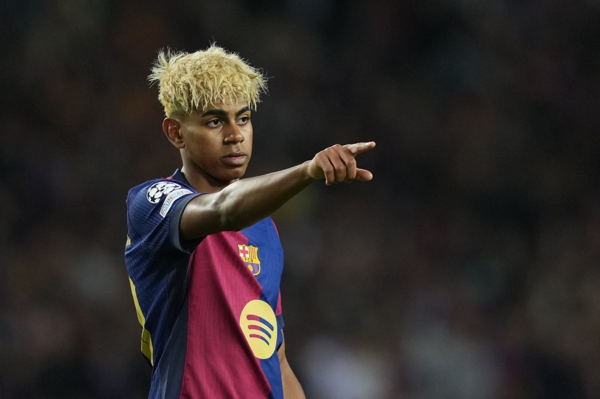 Lamine Yamal of Barcelona made a gesture in the first leg of the Champions League semi-final against Inter Milan, April 30, 2025. Lamine Yamal of Barcelona made a gesture in the first leg of the Champions League semi-final against Inter Milan, April 30, 2025.
