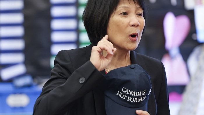 Olivia Chow in a press briefing at the Albion Heights school in Toronto on March 21, 2025.
