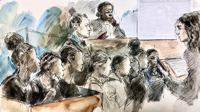 A legal illustration of seven of the eight defendants in the accused box.