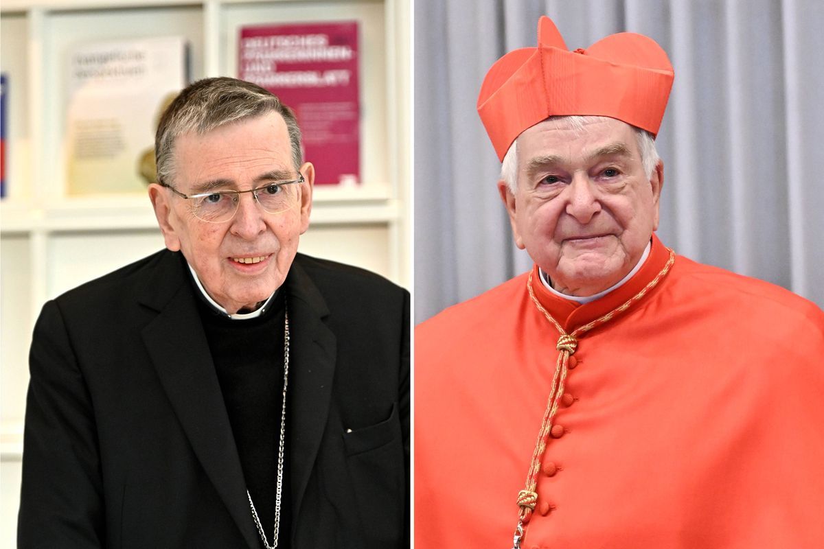 Two elderly men carrying ecclesiastical clothes, one in black with a cross, the other in red cardinal outfit. Two elderly men carrying ecclesiastical clothes, one in black with a cross, the other in red cardinal outfit.