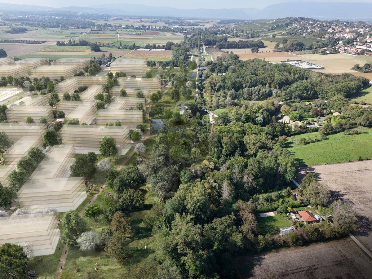 Aerial view of an image of synthesis of the architectural project in Cherpines, Geneva, surrounded by fields and greenery, October 2024. Aerial view of an image of synthesis of the architectural project in Cherpines, Geneva, surrounded by fields and greenery, October 2024.