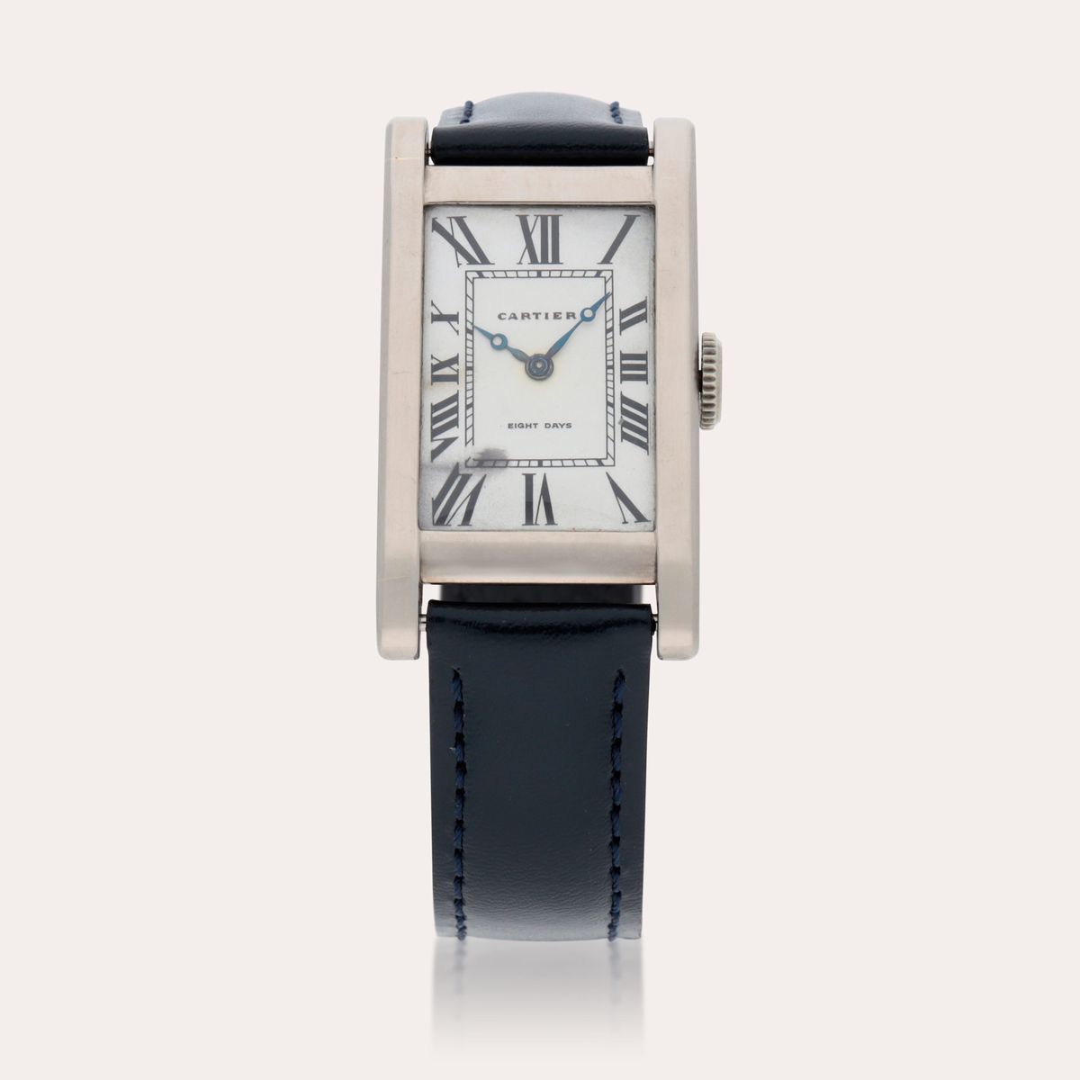 The only copy of the White Gold Cartier Eight-Day Tank watch will be sold at Sotheby's on May 11. Estimate: Between 250,000 and 500,000 francs. The only copy of the White Gold Cartier Eight-Day Tank watch will be sold at Sotheby's on May 11. Estimate: Between 250,000 and 500,000 francs.