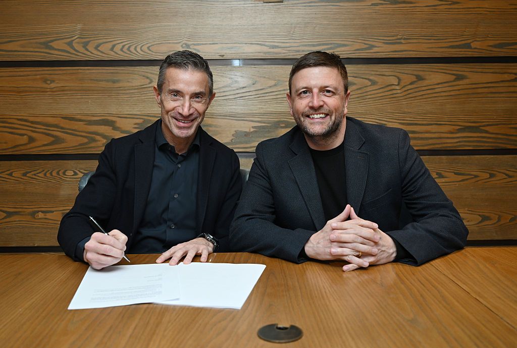(R) Arsenal Managing Director Richard Garlick with (L) new Sporting Director Andrea Berta at Sobha Realty Training Centre on March 30, 2025 in London Colney, England.