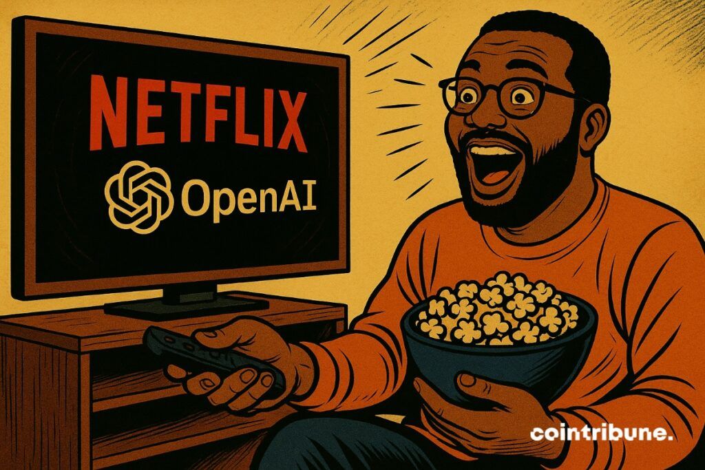A Netflix user in front of a television which displays the Netflix logo and that of the company of IA Openai… meaning the partnership between the two entities.