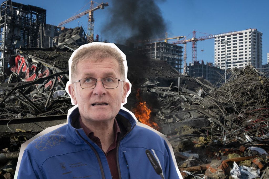 Man in front of debris and buildings under construction with cranes in the background, smoke and visible flames. Man in front of debris and buildings under construction with cranes in the background, smoke and visible flames.