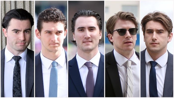 Dillon Dubé, Cal Fote, Alex forms, Carter Hart and Michael McLeod at their entrance to the London courthouse on April 30, 2025.