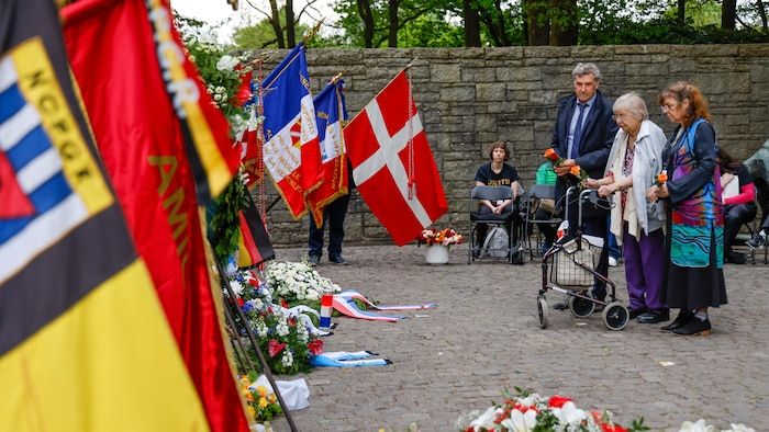 The survivor of the Holocaust Helga Melmed participates in a ceremony marking the 80th anniversary of the release of the Neuegamme camp in Germany.