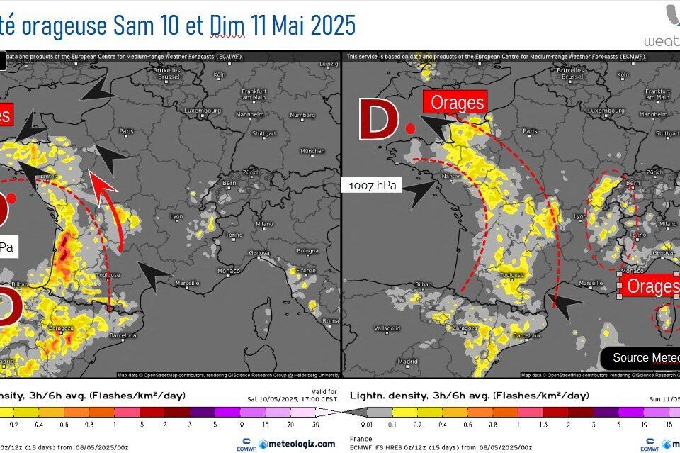 The areas where thunderstorms should explode on Saturday May 10 and Sunday May 11, 2025 according to weather models.
