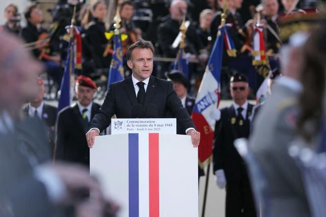 Emmanuel Macron delivered a speech during a ceremony at the Arc de Triomphe, during the celebration of the 80ᵉ anniversary of the end of the Second World War, Thursday, May 8, 2025.