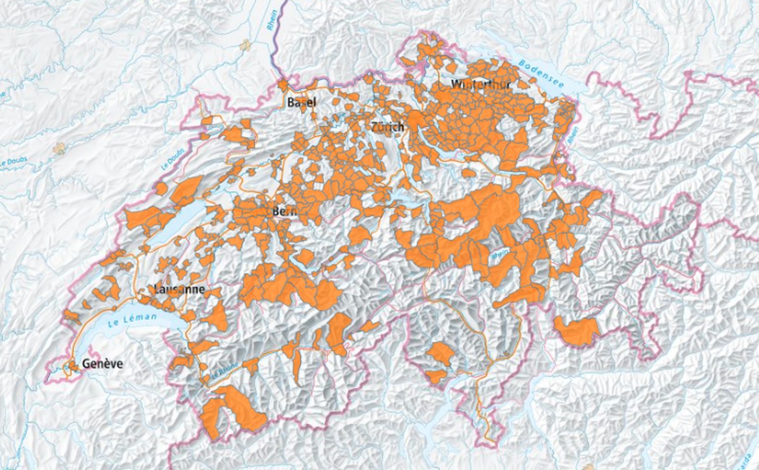 Map: the declared places of tick stings in Switzerland