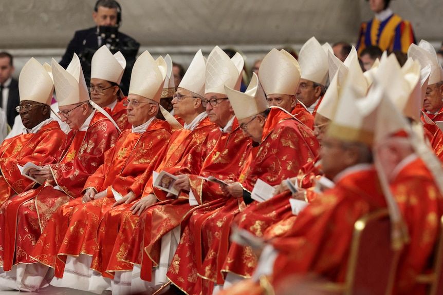 Cardinals wearing red and gold robes and white pointed hats sitting in rows holding mass booklets