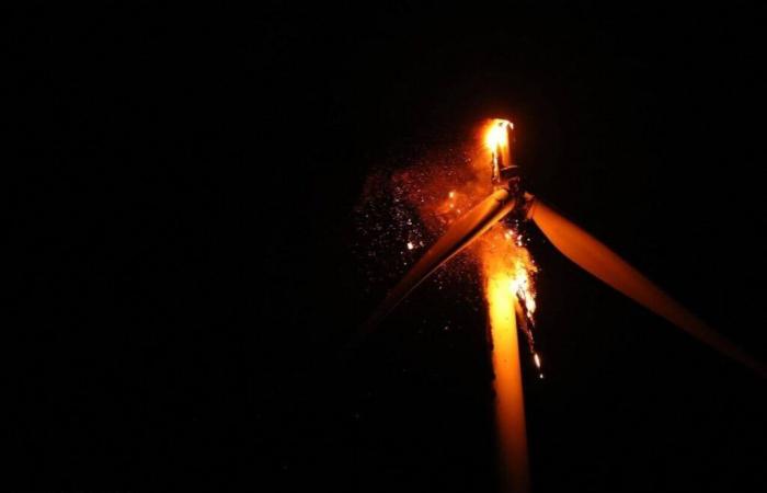 A wind turbine caught fire in the middle of the night