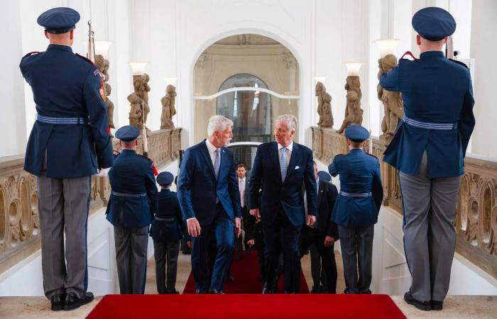 King Philippe receives the necklace from the Order of the White Lion of the President of the Czech Republic