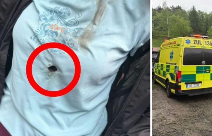 Two German hikers from Blitz met-he went through the T-shirt!