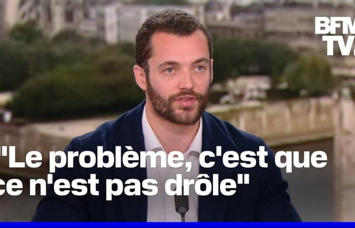 Louis Sarkozy reacts to the joke of humorist Paul de Saint-Sernin