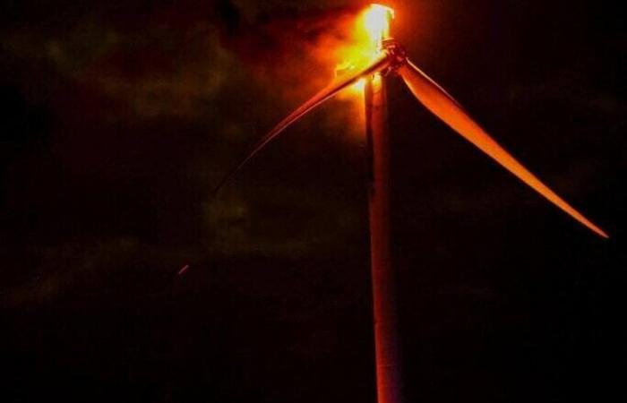 A wind turbine caught fire in the middle of the night