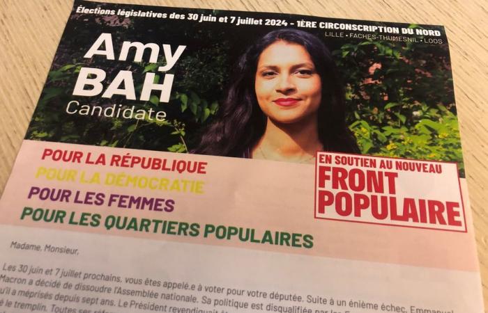 justice authorizes candidate Amy Bah to display her support for the New Popular Front on her leaflets against Aurélien Le Coq, rebellious candidate invested in Lille
