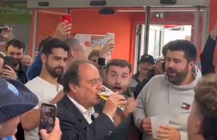Image of the day: when François Hollande, campaigning for the legislative elections, downs a pint of beer for the anniversary of a rugby club