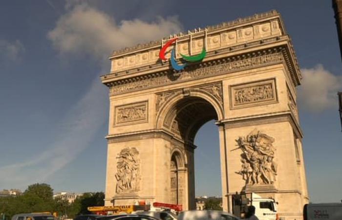 The Agitos, the logo of the Paralympic Games, installed on the Arc de Triomphe