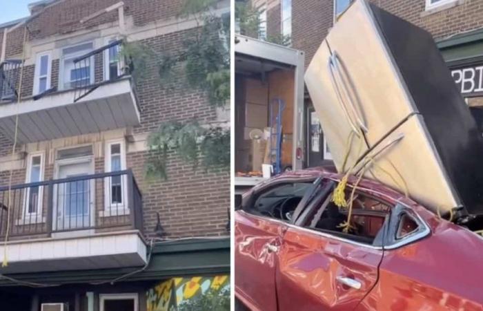 A refrigerator appears to have fallen onto a car in Villeray, but is this really the case?