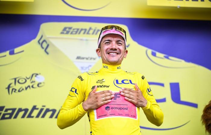 Why is Richard Carapaz, tied with three other riders, wearing the yellow jersey?