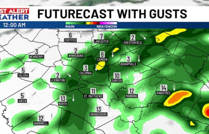 Chance
      of
      light
      rain
      tonight
      for
      the
      Midlands
      and
      in
      Columbia,
      Camden,
      Orangeburg,
      Lexington,
      St.
      Matthews,
      Winnsboro,
      Irmo,
      Blythewood
      and
      Sumter