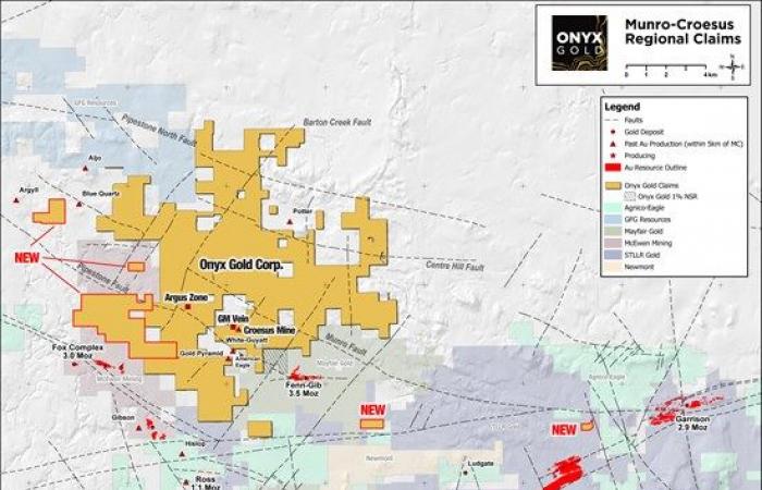 Onyx
      Gold
      Bolsters
      Munro-Croesus
      Land
      Position
      with
      Large
      New
      Acquisition
      in
      Timmins,
      Ontario