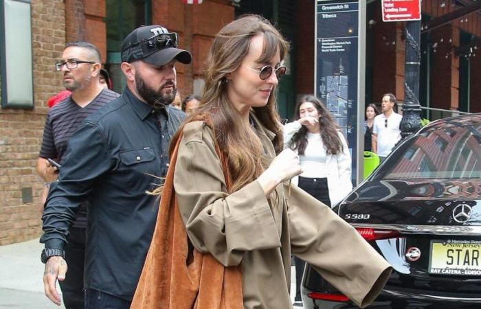 Dakota
      Johnson
      Found
      the
      Perfect
      Suede
      Bag
      for
      Fall